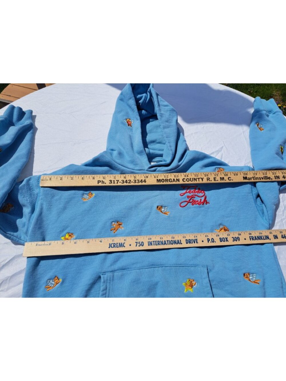Teddy Fresh Angel Bear Graphic Embroidered Blue Hoodie Small Women's Streetwear - Picture 5 of 12